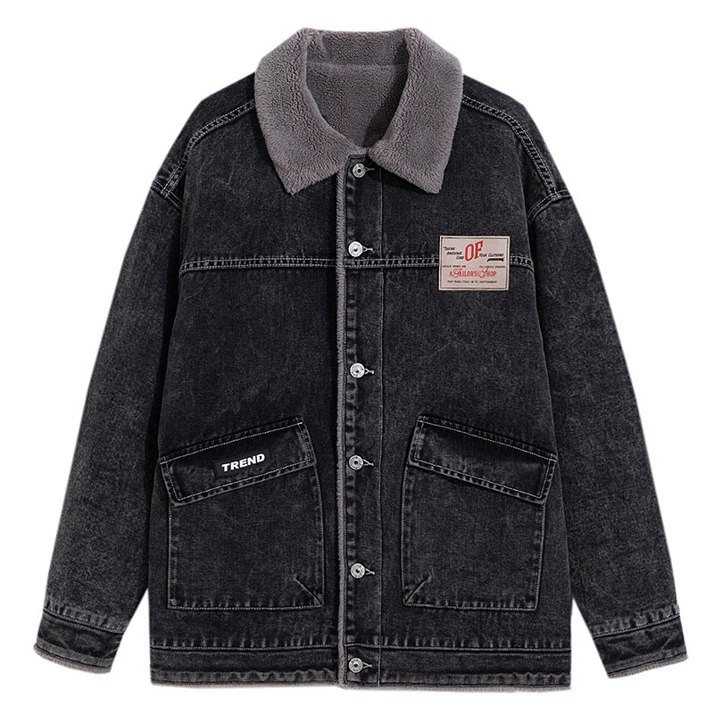 Dark wash denim jacket with gray sherpa collar, utility pockets with TREND label and OP patch. Oversized fit