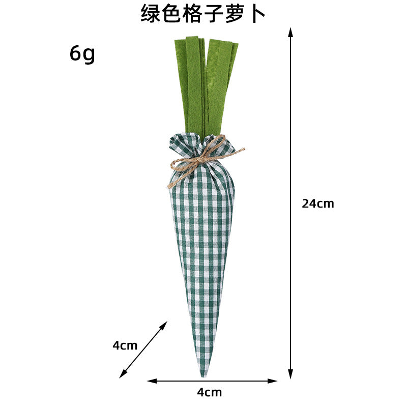 A green gingham fabric carrot with green felt leaves, measuring 24cm in length and 4cm in width, weighing 6g.