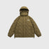 Olive hexagonal-quilted puffer jacket with hood and EXPLORERA logo displayed flat against light gray background