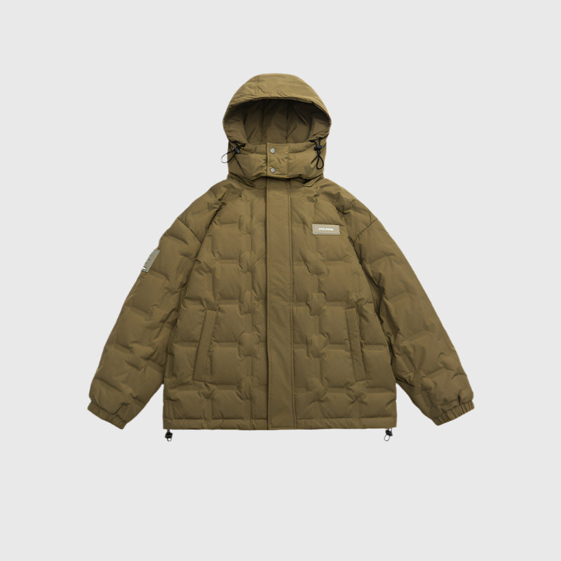 Olive hexagonal-quilted puffer jacket with hood and EXPLORERA logo displayed flat against light gray background