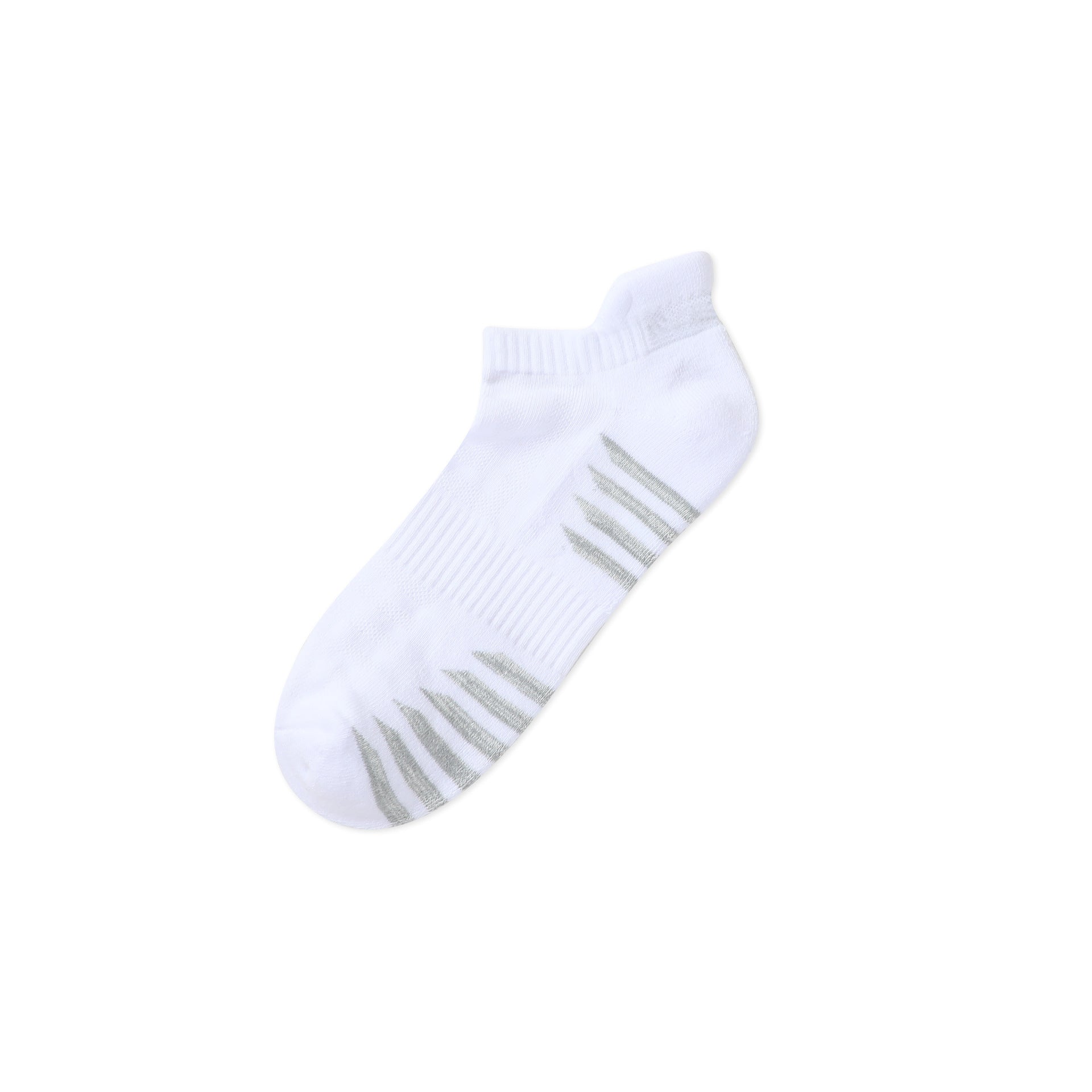 White athletic ankle sock with grey cushioning zones and moisture-wicking mesh panels for breathability