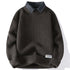 Dark brown waffle-knit sweater with denim collar