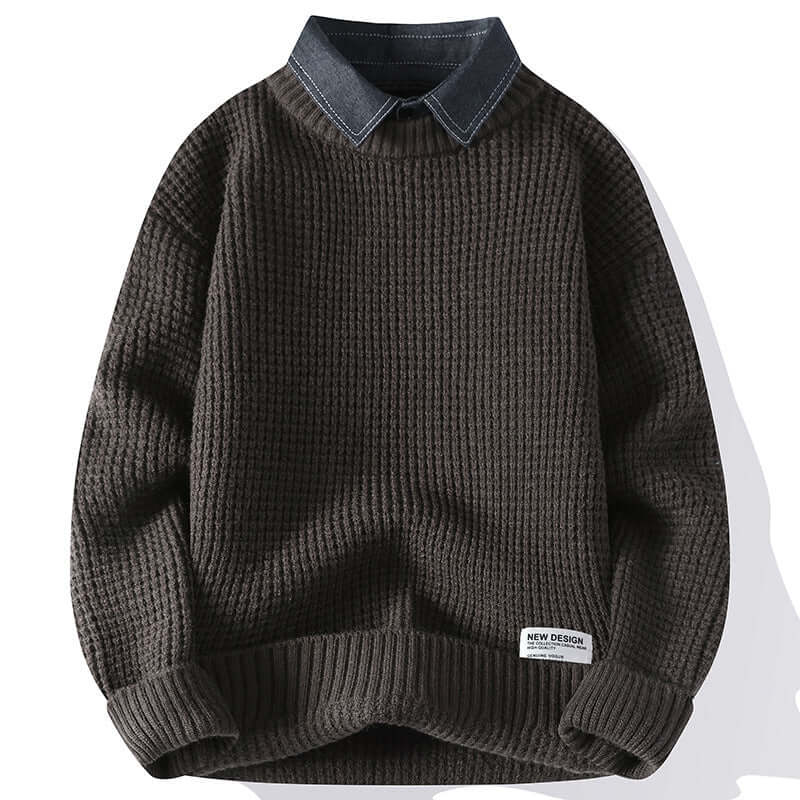 Dark brown waffle-knit sweater with denim collar