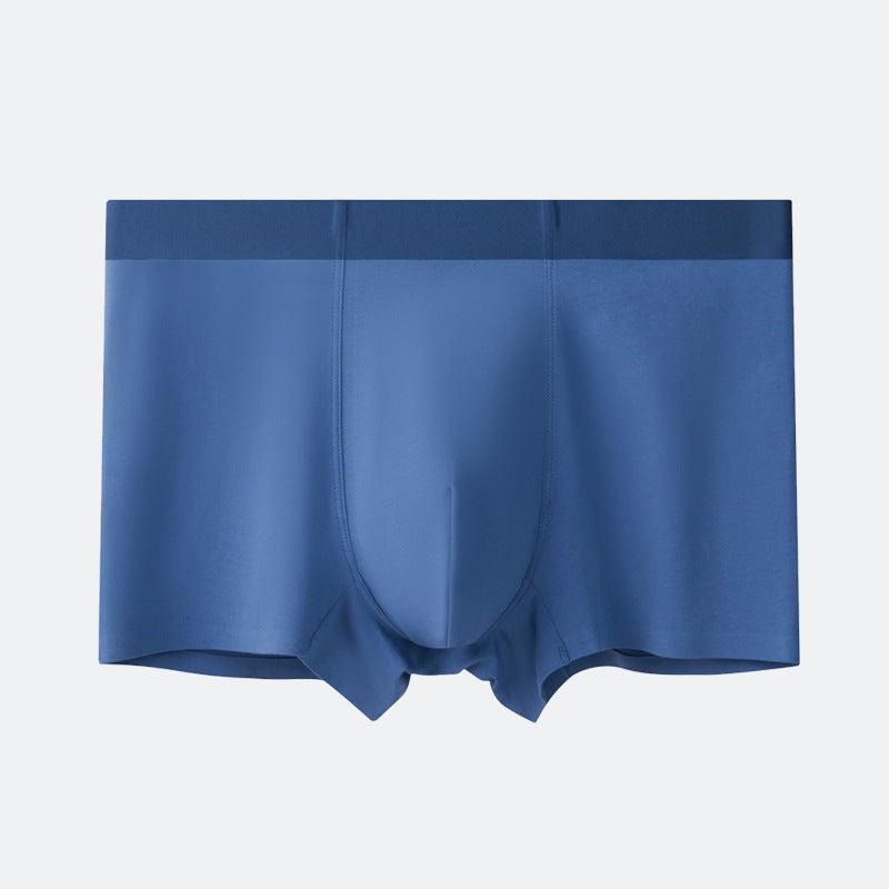 Navy blue men's boxer briefs with centered pouch, seamless design, and dark contrasting waistband