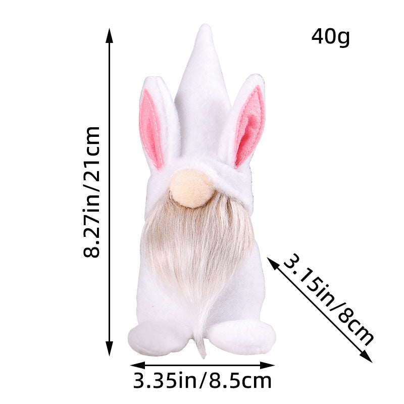 White Easter gnome plush with long beige beard and pink bunny ears, measuring 8.27 inches tall and 40g in weight.