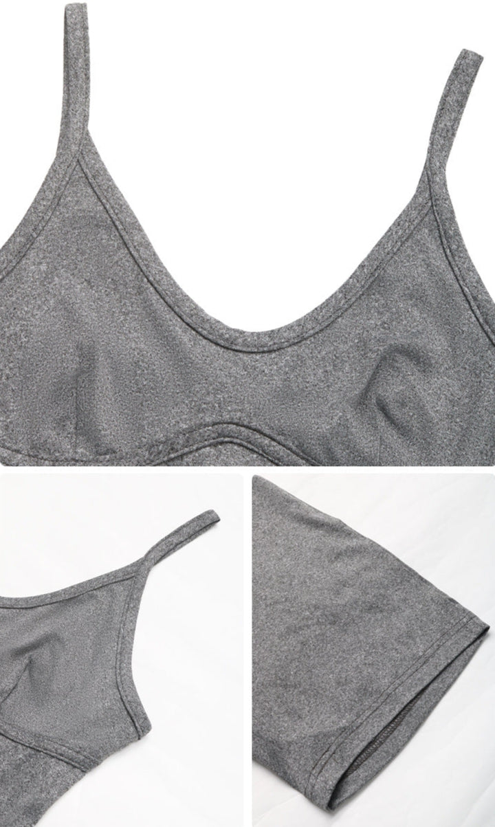 Close-up details of the gray romper’s neckline, thin straps, and soft stretch fabric.