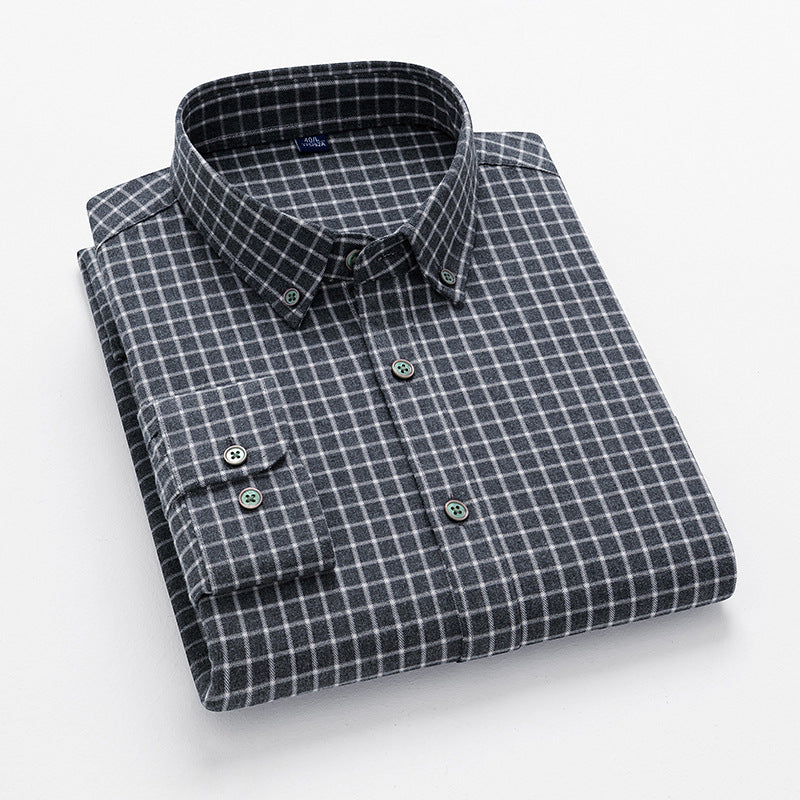 Charcoal gray windowpane check shirt with green buttons and button-down collar design