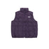 Deep purple puffer vest displayed flat, quilted pattern, full-zip front, high collar, white dot logo, product photography on white