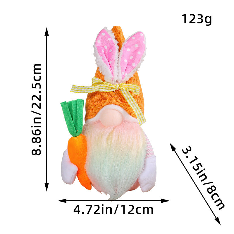 Measurement image of an orange Easter gnome with a tall hat, floral crown, pink bunny ears, and a striped carrot.
