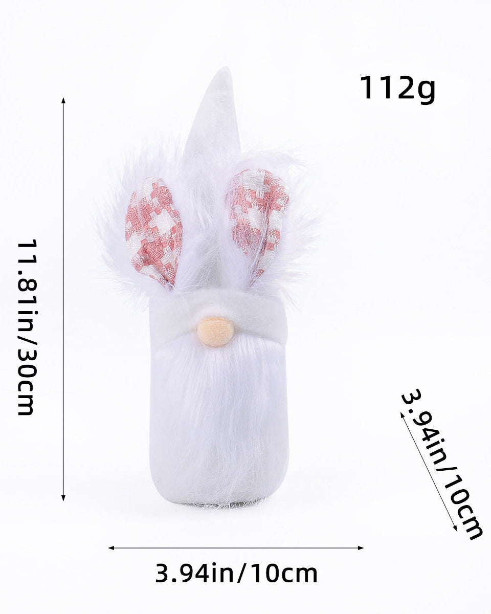 Measurement diagram of a white Easter gnome with bunny ears, displaying its 30cm height, 10cm width, and 112g weight.
