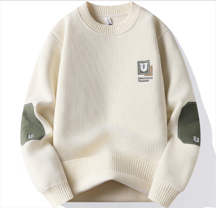 Cream ribbed sweater with olive elbow patches and U logo patch