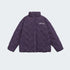 Purple Aesthetic quilted puffer jacket with zip front closure and white embroidered logo displayed flat against white background