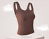 Brown ribbed tank top with built-in bra, designed for a snug and supportive fit.