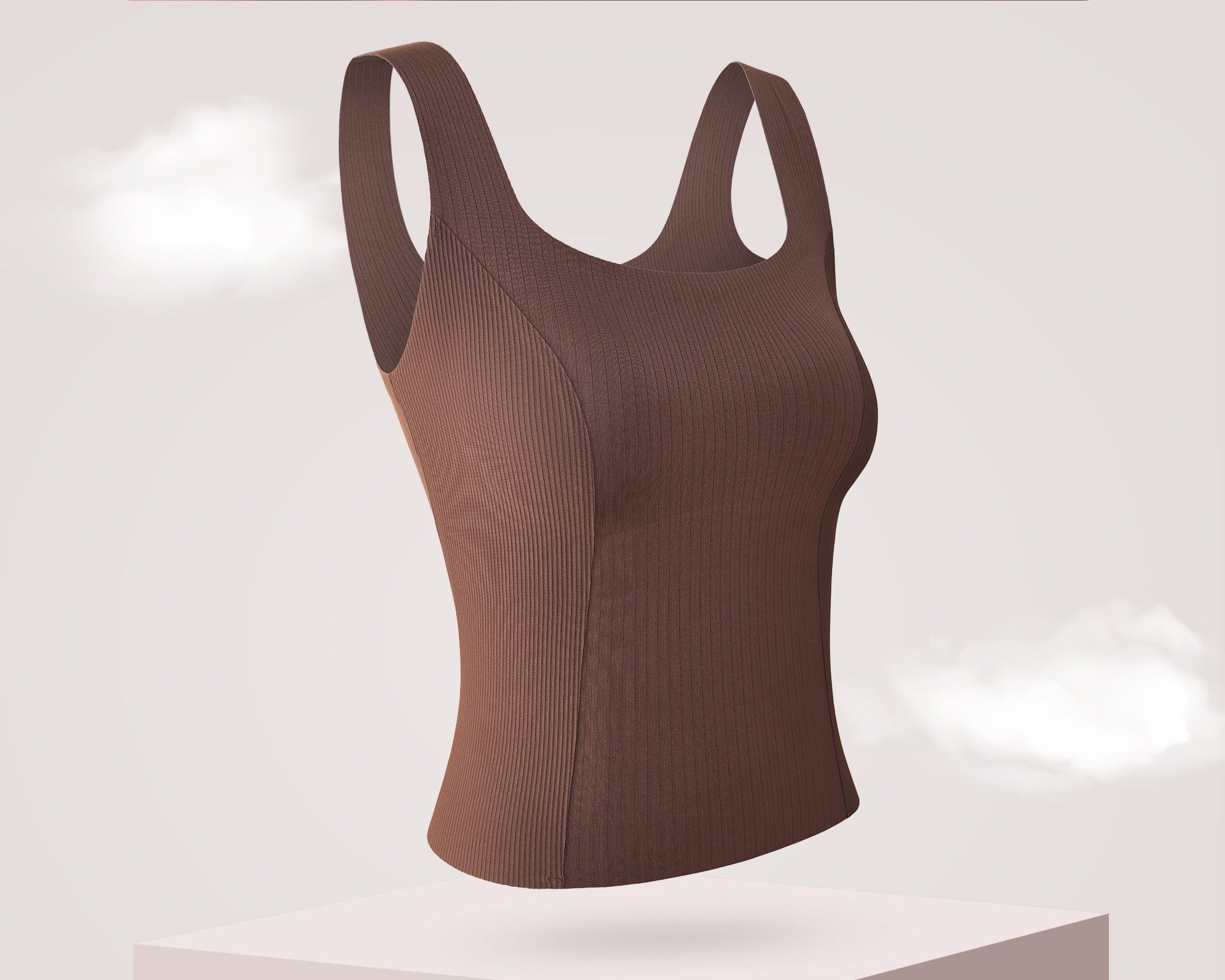 Brown ribbed tank top with built-in bra, designed for a snug and supportive fit.
