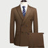 Brown double-breasted suit with navy striped tie and white collar on display