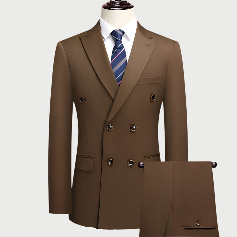 Brown double-breasted suit with navy striped tie and white collar on display