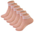 Six-pack of peach colored ankle socks with white striped cuffs, displayed in a row showing knitted texture pattern