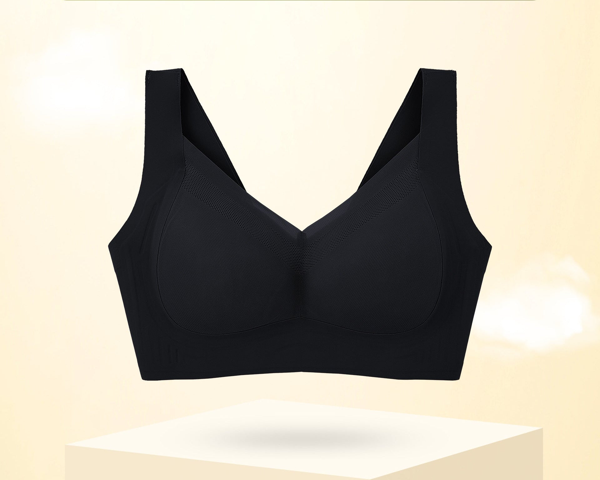 Large-size, thin, breathable black bra with seamless cups and wide straps, designed for comfort and support.
