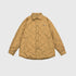 Tan quilted shirt jacket with collar and embroidered mountain logo displayed flat against light gray background