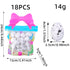 A resealable bag with 18 white and black speckled eggs, featuring a pink bow handle and labeled with size dimensions.