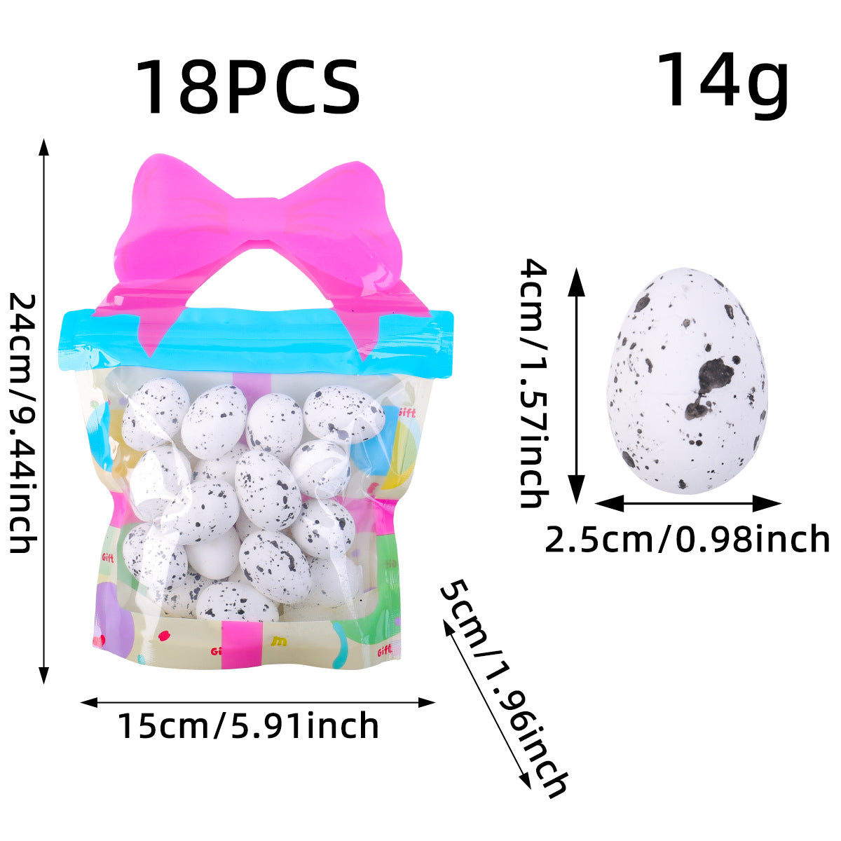A resealable bag with 18 white and black speckled eggs, featuring a pink bow handle and labeled with size dimensions.