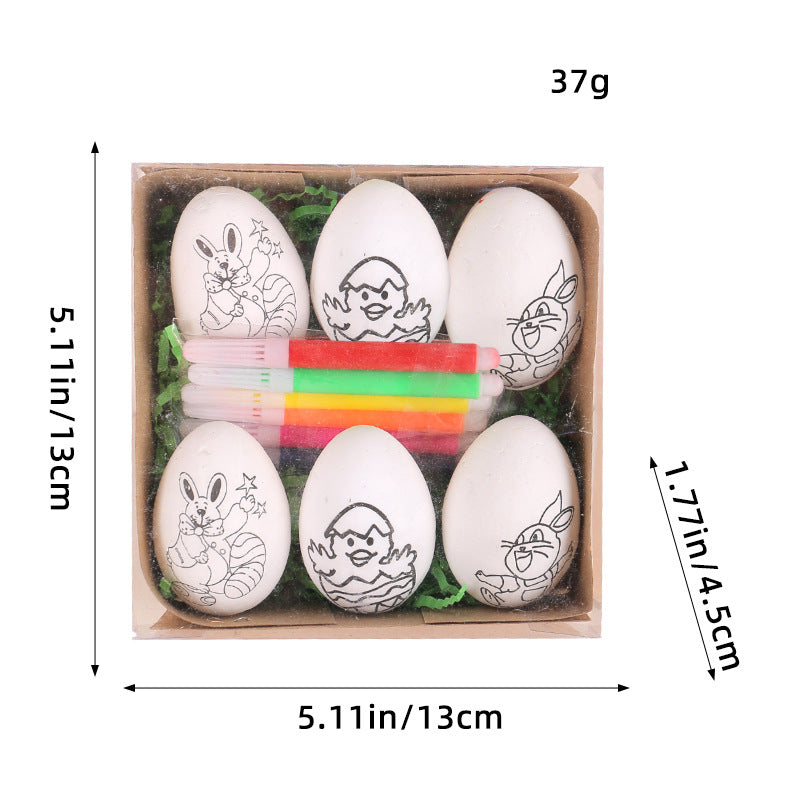 Another Easter egg painting kit with six white eggs featuring bunny and chick designs, along with six colorful markers, shown with size dimensions.