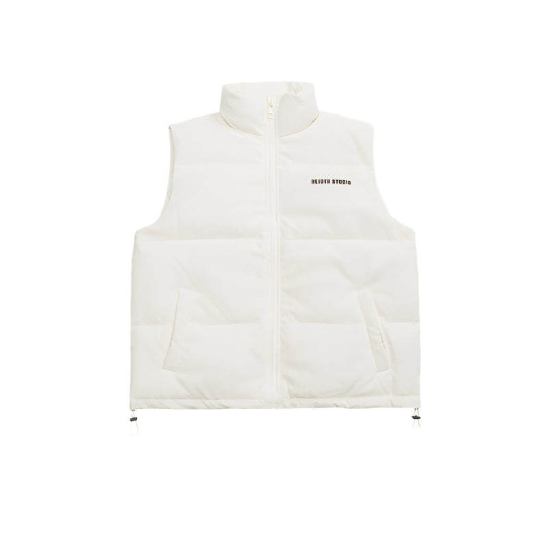 Cream puffer vest with black NEIGTR STUDIO logo on chest, showing clean minimalist design against white background