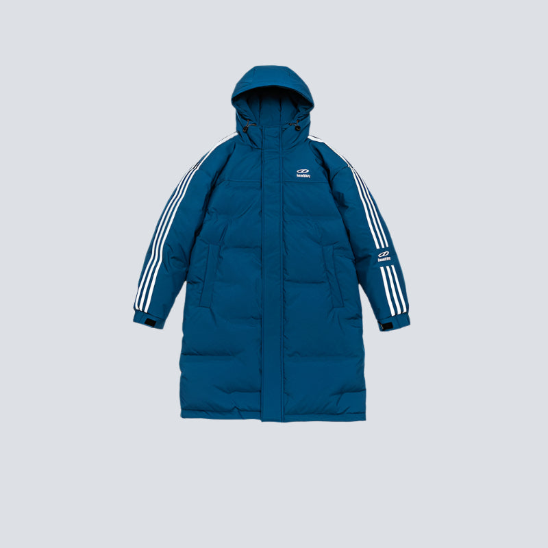 Royal blue puffer parka displayed flat against light gray background. Features white triple stripe details on sleeves, full zip front and attached hood