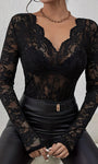 black floral lace long sleeve top v neck slim fit