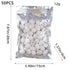 A clear ziplock bag containing 50 white and black speckled mini eggs, with labeled dimensions and weight (12g).
