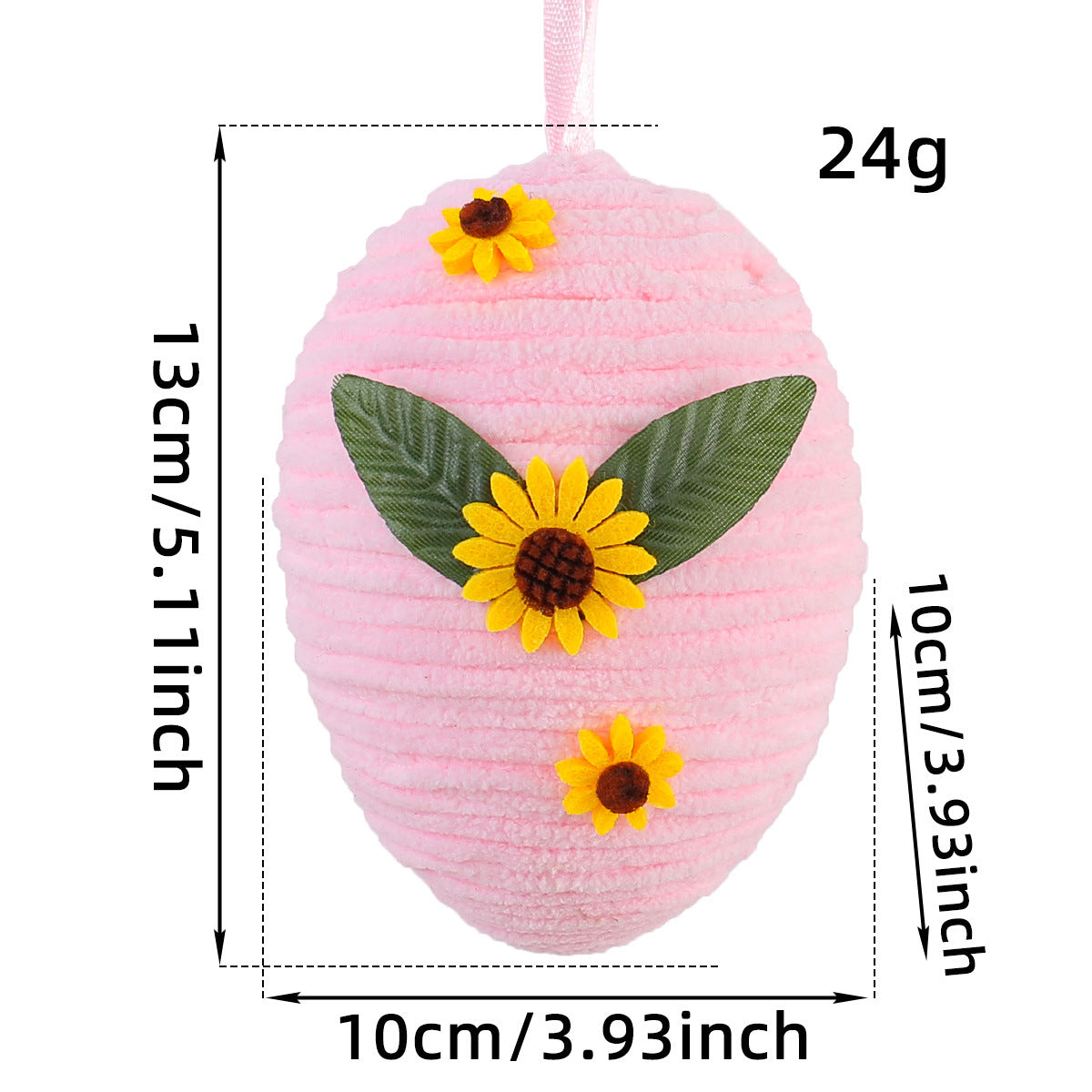 A pink fabric Easter egg with sunflower embellishments, dimensions: 13cm x 10cm, weight: 24g.