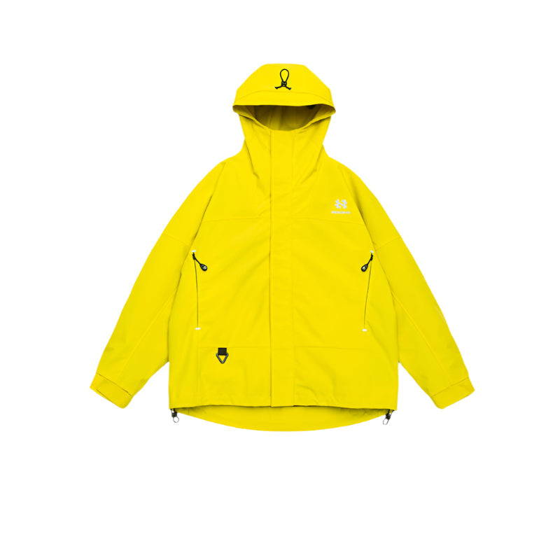 Yellow technical jacket with hood drawstring and logo branding, shown in product layout