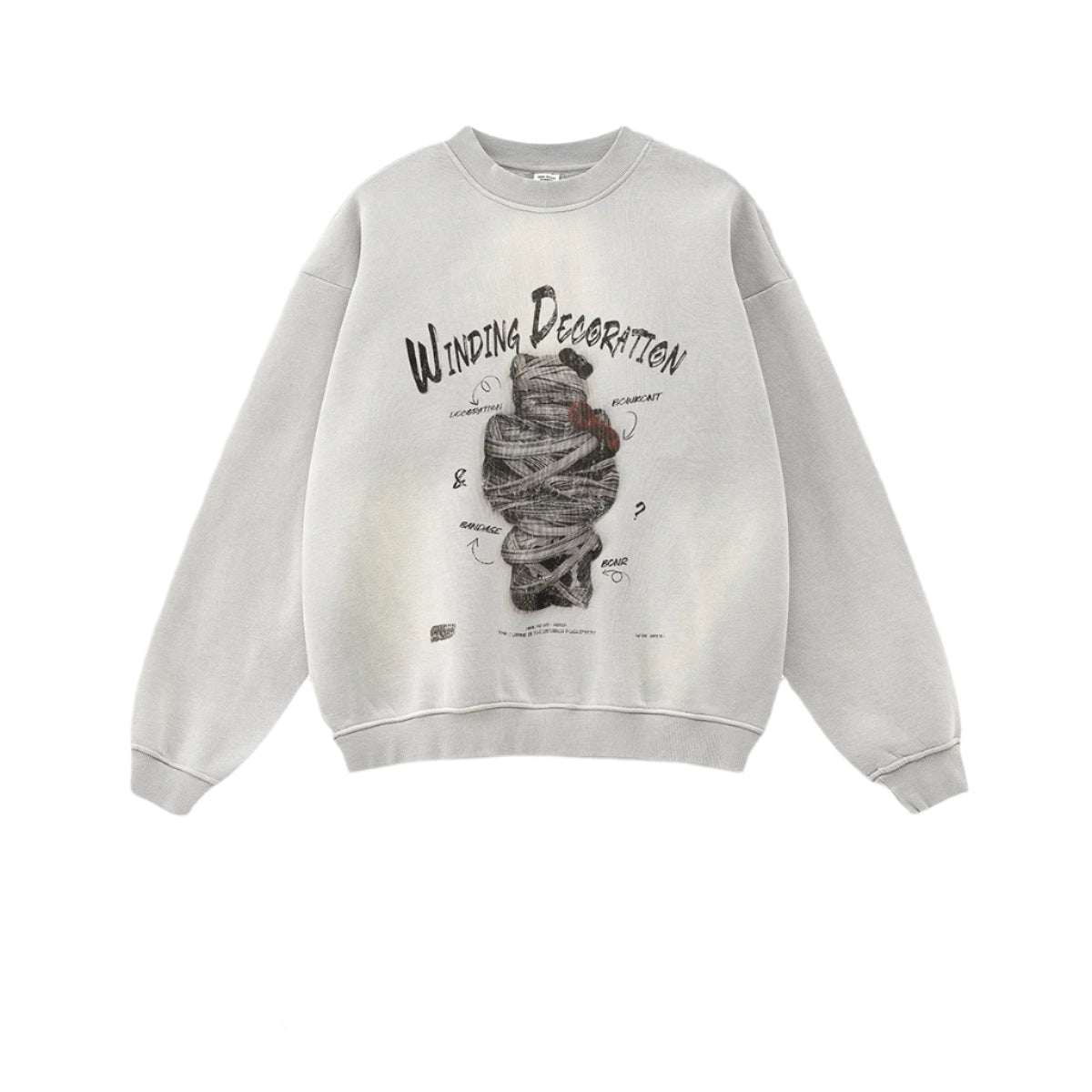 Light gray sweatshirt with Winding Decoration graphic printed on front, crew neck, subtle wash effect, product shot against white background