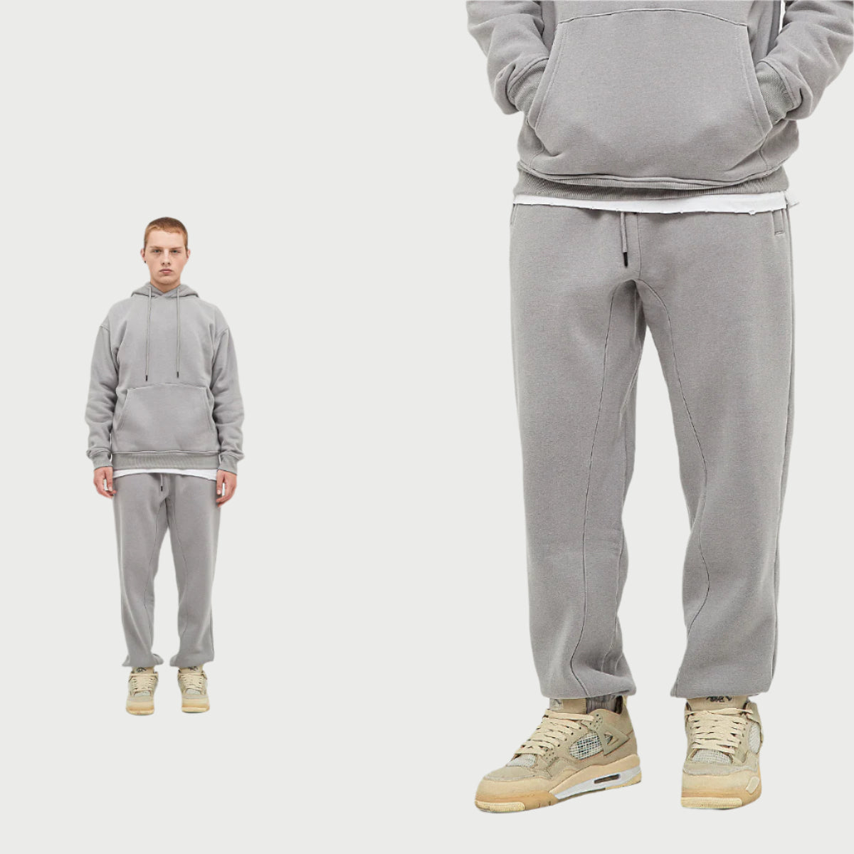 Gray sweatsuit showcased in split-view format with full outfit on left and close-up detail of jogger leg and sneaker on right against white background