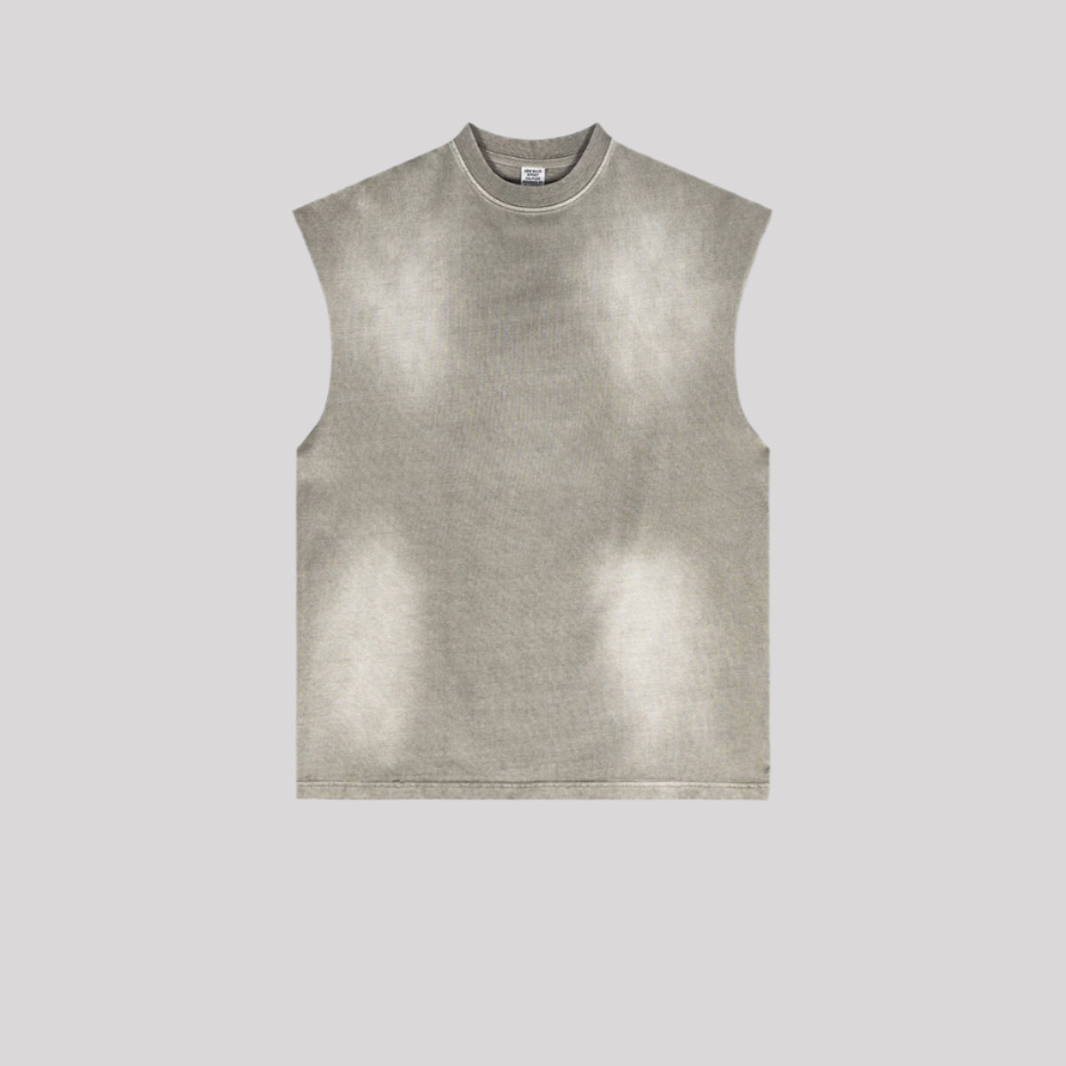 A light gray sleeveless muscle tee with mock neck and subtle faded effect displayed flat against light gray background