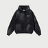 Gray oversized hoodie with front kangaroo pocket and small chest logo on plain background
