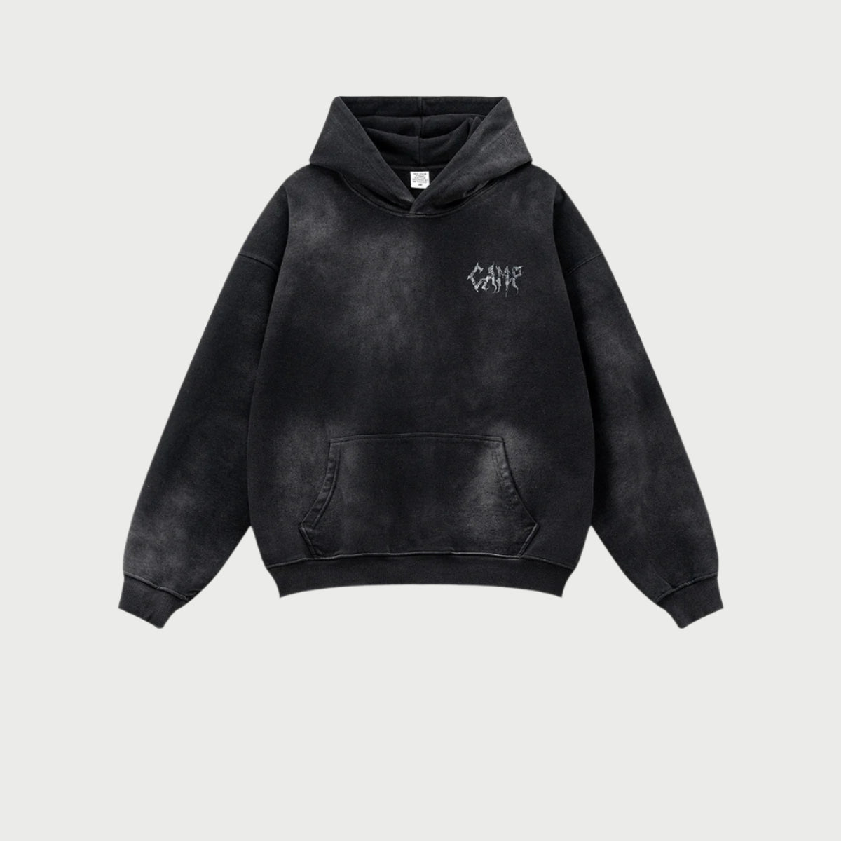 Gray oversized hoodie with front kangaroo pocket and small chest logo on plain background
