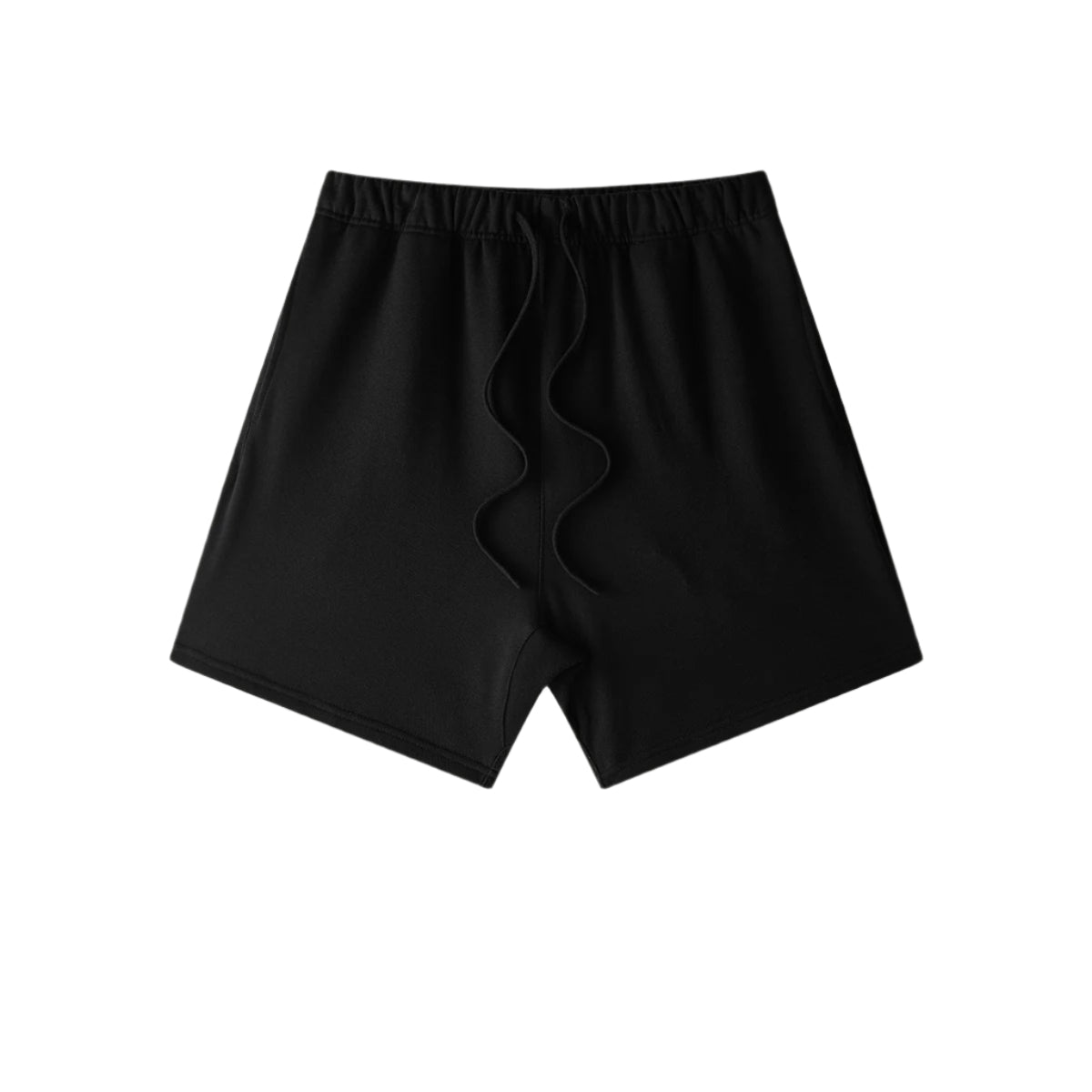 Black cotton lounge shorts with elastic waistband and drawstring ties, photographed flat against white background
