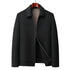 Black wool zippered jacket with clean silhouette and stand collar displayed on wooden hanger
