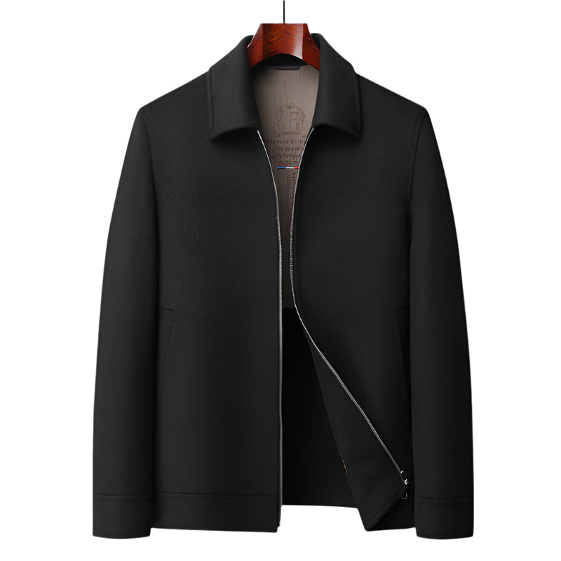 Black wool zippered jacket with clean silhouette and stand collar displayed on wooden hanger
