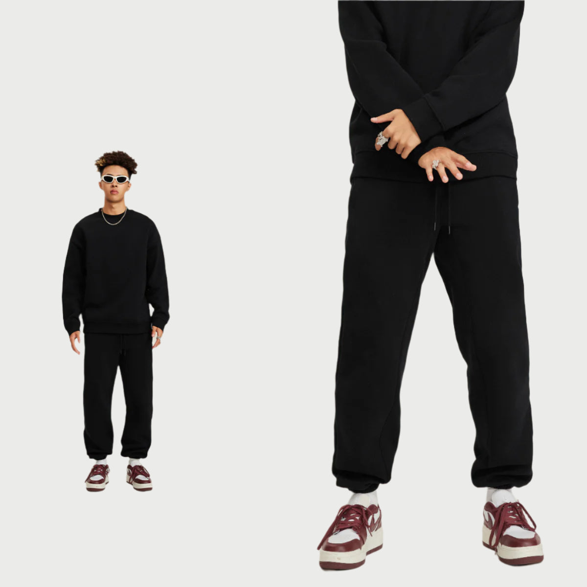 Model in forest green hoodie and matching sweatpants with white sneakers and gold accessories against white background