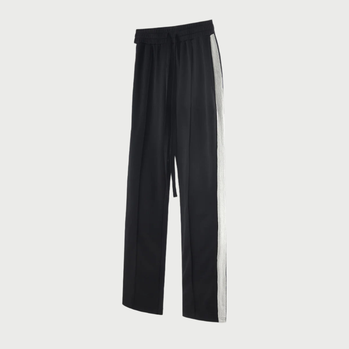 Black wide-leg pants with white side stripe and drawstring