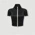 Black mock neck crop top with front zip and white sleeve stripes