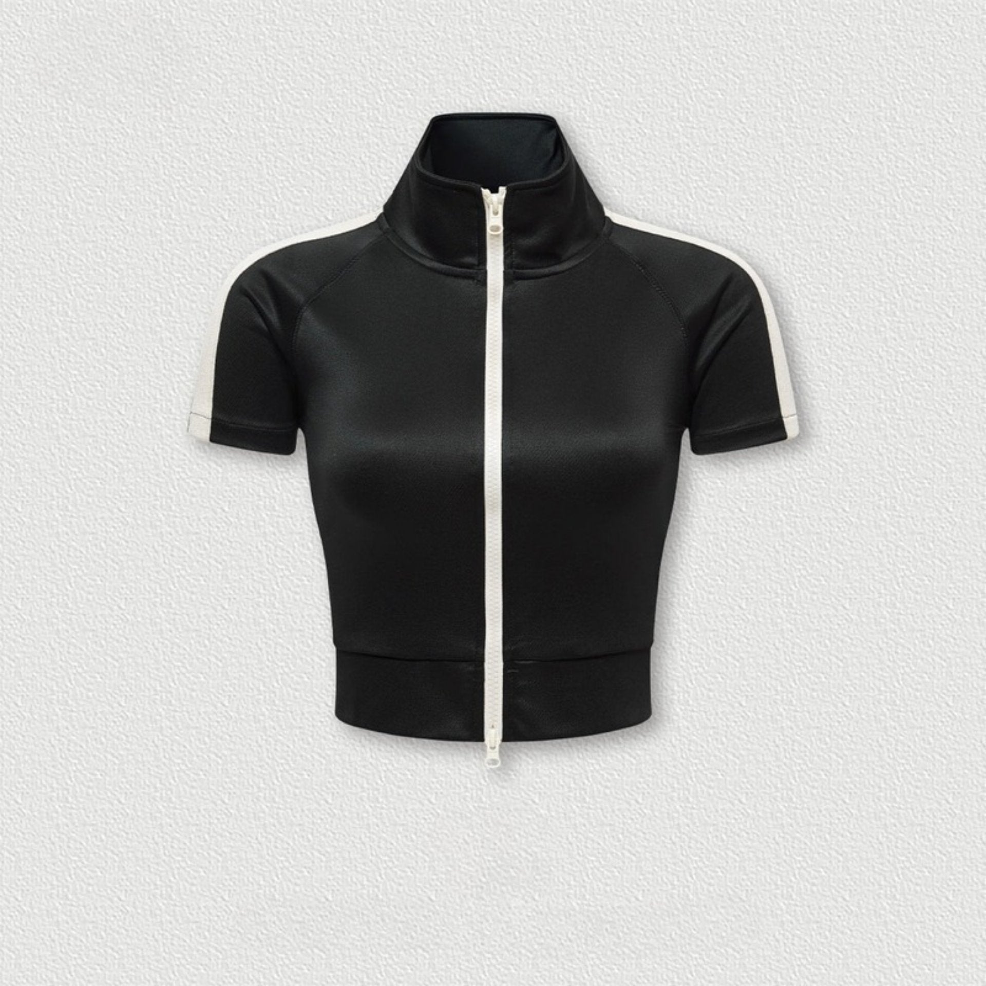 Black mock neck crop top with front zip and white sleeve stripes