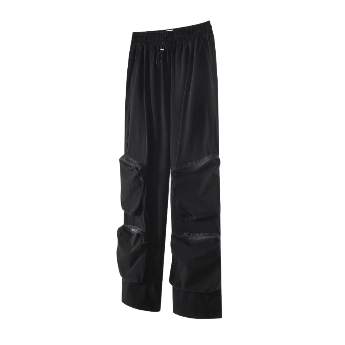 Black cargo pants with zippered utility pockets displayed on white background