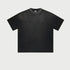 Black oversized t-shirt with raglan sleeves and subtle wash effect displayed flat against light gray background