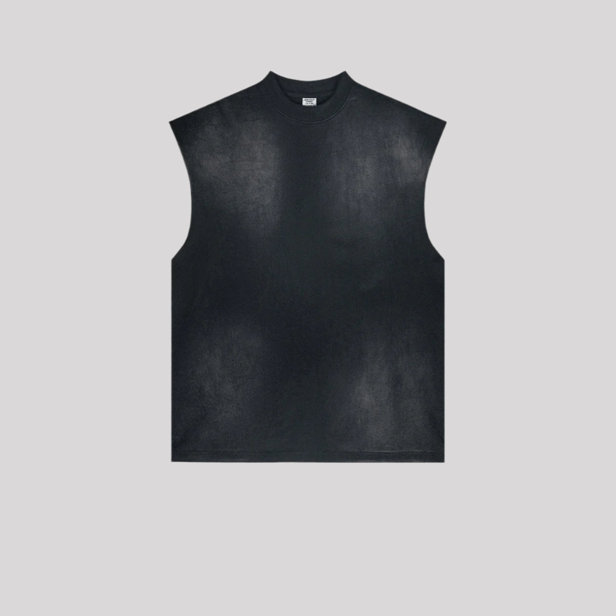 A black sleeveless muscle tee with mock neck and washed effect displayed flat against light gray background