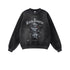 Product shot of black sweatshirt with Winding Decoration graphic showing mummy-like wrapped figure, ribbed collar, relaxed fit, white background