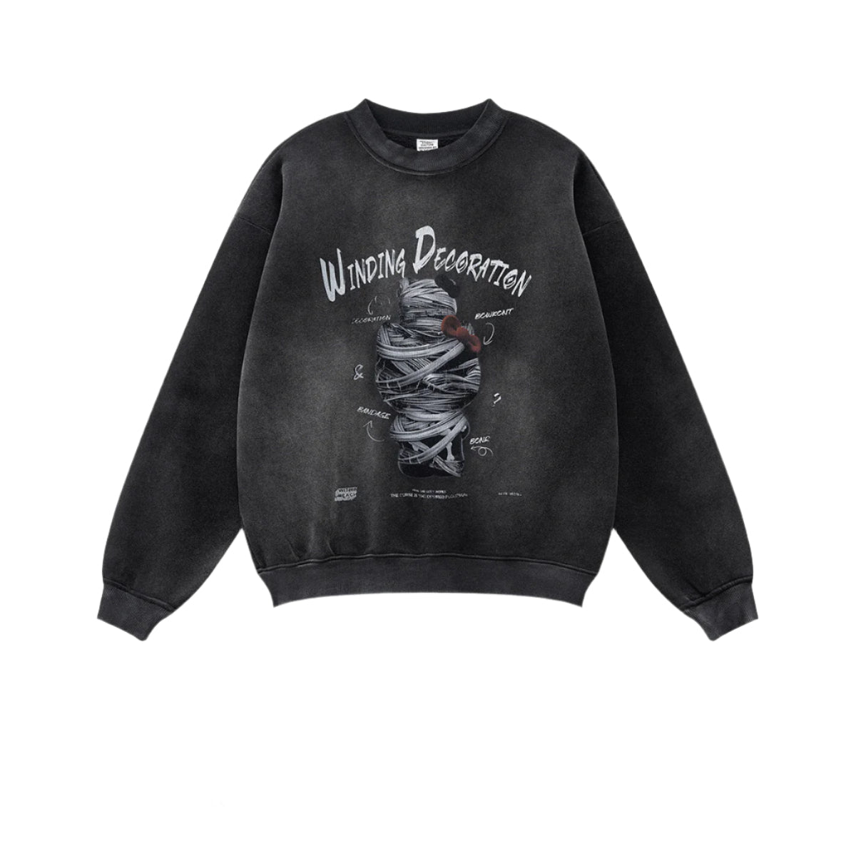 Product shot of black sweatshirt with Winding Decoration graphic showing mummy-like wrapped figure, ribbed collar, relaxed fit, white background