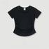 Close-up of gray t-shirt neckline and shoulder seam detail